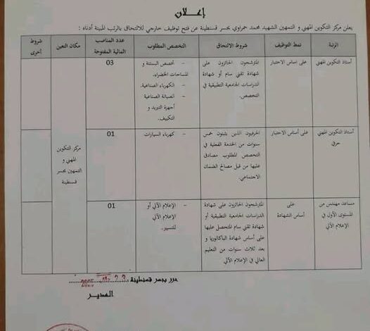 مسابقة توظيف أساتذة التكوين المهني بمركز التكوين المهني والتمهين جسر قسنطينة الجزائر