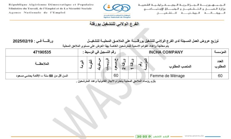 عرض عمل في شركة INCHA (60 عاملة نظافة)
