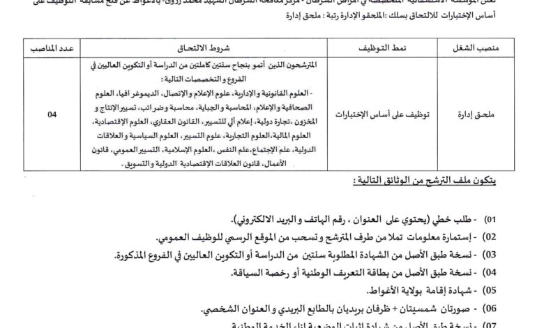 فتح مسابقة توظيف بمركز مكافحة السرطان لولاية الأغواط