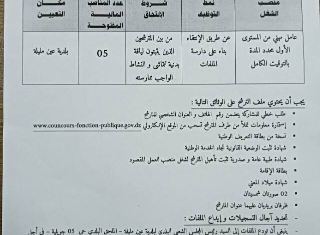 اعلان توظيف ببلدية عين مليلة ولاية أم البواقي