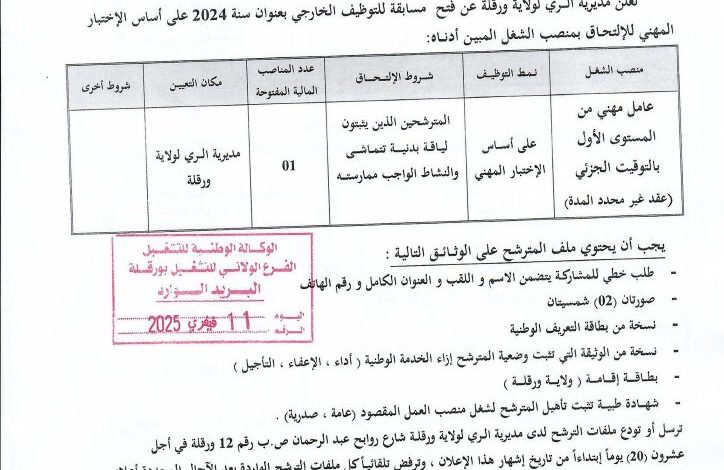 اعلان توظيف بمديرية الري لولاية ورقلة