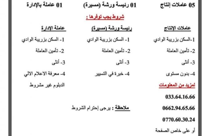 مطلوب عمال في شركة سلاوي لتحويل المنتوجات الفلاحية والغذائية