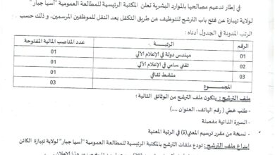 اجراء عملية التوظيف بالمكتبة الرئيسية للمطالعة العمومية أسيا جبار لولاية تيبازة