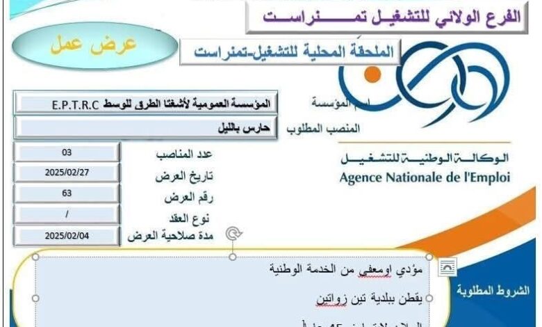 عرض عمل في المؤسسة العمومية لأشغال الطرق للوسط E.P.T.R.C