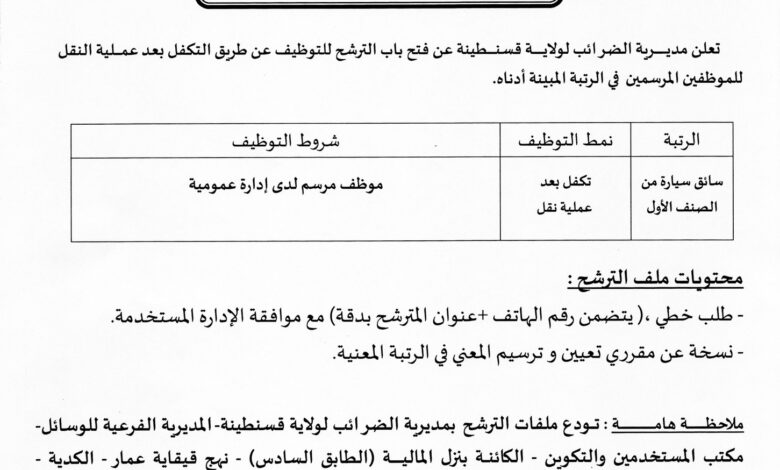 مسابقة توظيف بمديرية الضرائب لولاية قسنطينة