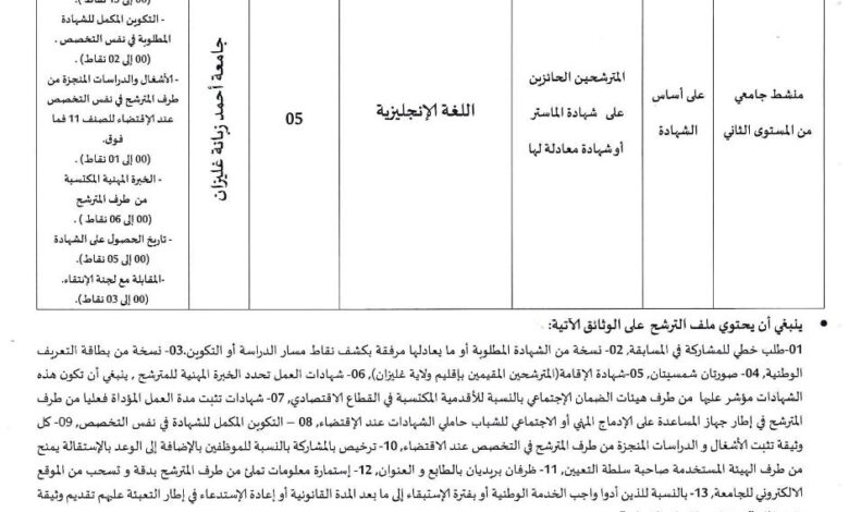 مسابقة توظيف بجامعة أحمد زبانة غليزان
