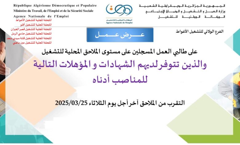 طالبي العمل والذين تتوفر لديهم الشهادات المطلوبة التقرب من وكالة التشغيل لتوجيههم لمناصب عمل بالمؤسسة الوطنية للأشغال البترولية الكبرى