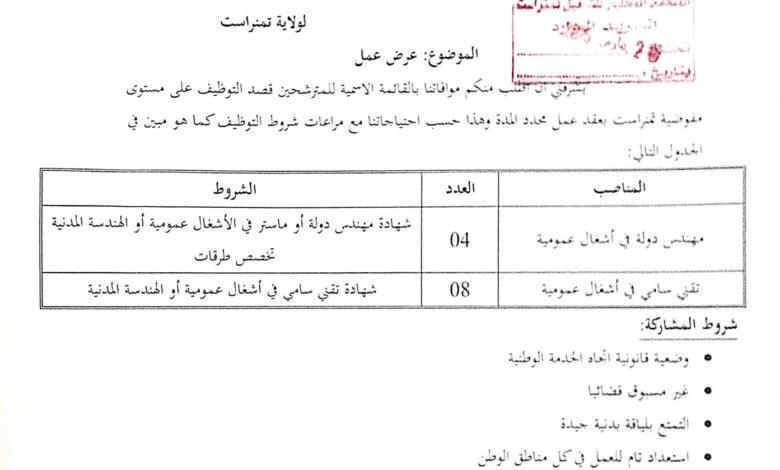 اعلان توظيف بمخبر الأشغال العمومية في جنوب البلاد