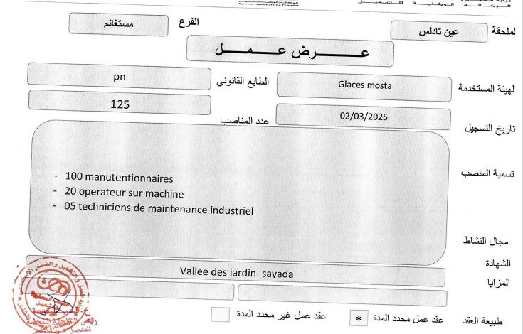 عرض عمل في شركة Glaces Mosta (125 منصب)