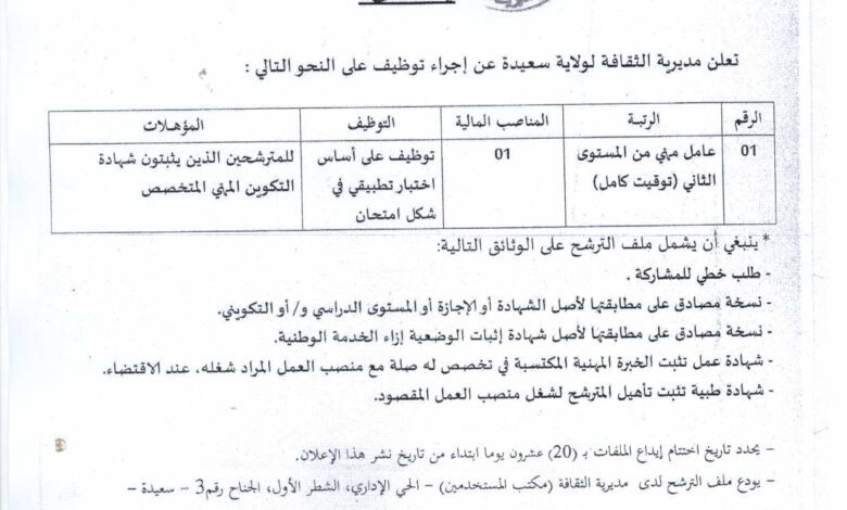 اعلان توظيف بمديرية الثقافة لولاية سعيدة الجمهورية الجزائرية الديمقراطية الشعبية وزارة الثقافة والفنون مديرية الثقافة لولاية سعيدة