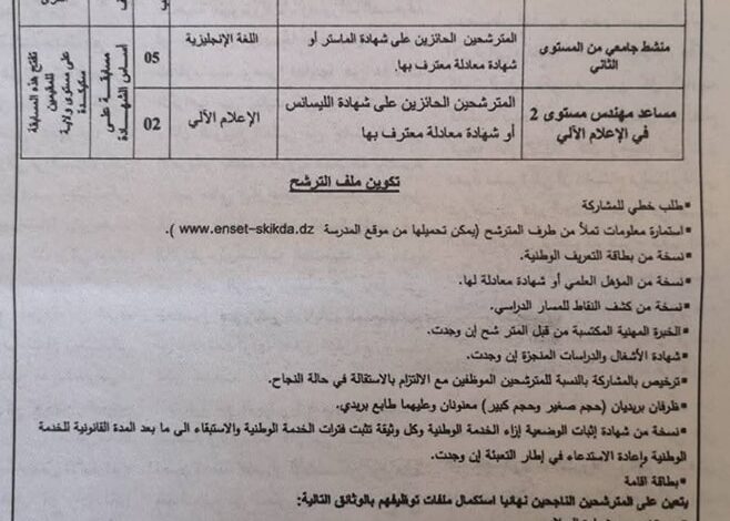 اعلان توظيف بالمدرسة العليا لأساتذة التعليم التكنولوجي بسكيكدة