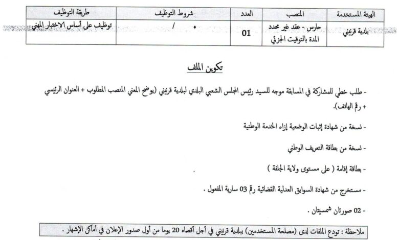 مسابقة توظيف ببلدية قرنيني عين وسارة بالجلفة