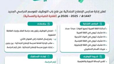 مطلوب أساتذة اللغة العربية ومشرفين تربويين في مدارس الاصلاح الابتدائية