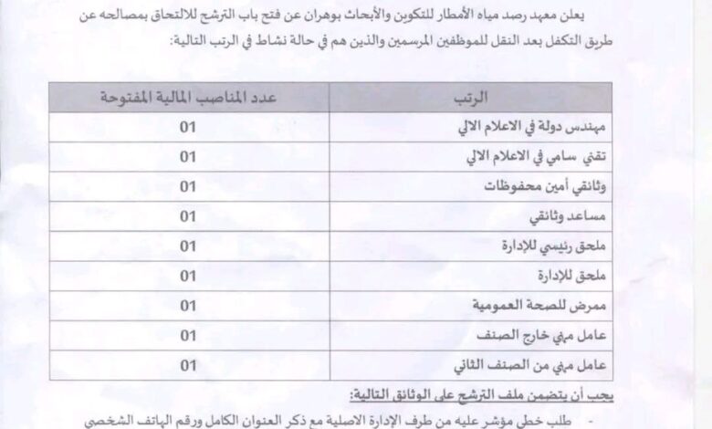 فتح باب الترشح عن طريق النقل معهد رصد مياه الأمطار للتكوين والأبحاث