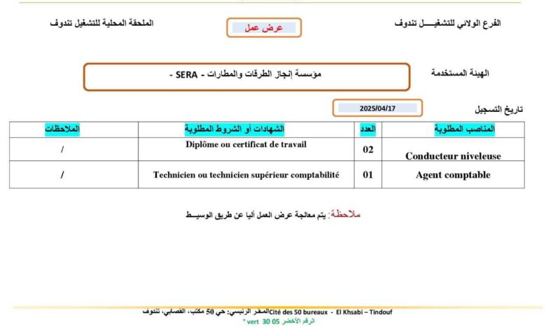 عرض عمل بمؤسسة إنجاز الطرقات والمطارات SERA