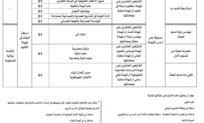 مسابقة توظيف بمركز البحث في تهيئة الإقليم
