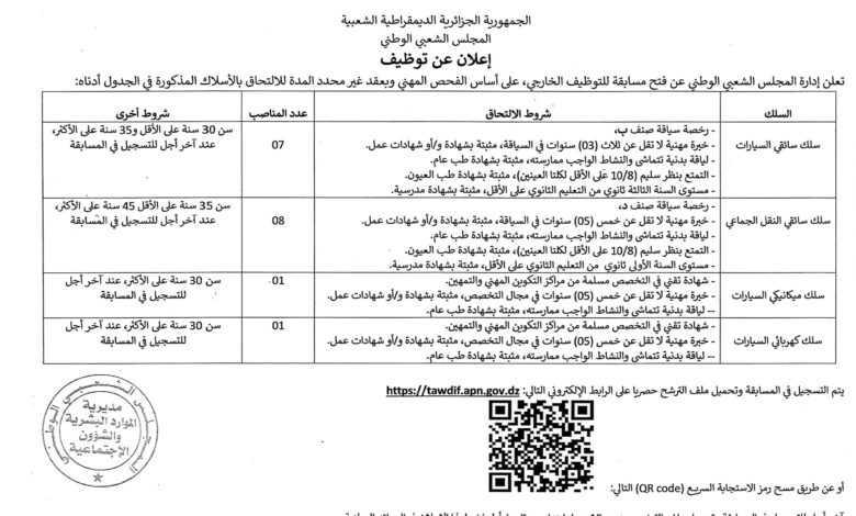 مسابقة توظيف بالمجلس الشعبي الوطني 17 منصب