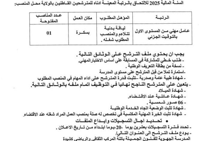 اعلان توظيف بالمدرسة الجهوية للفنون الجميلة باتنة