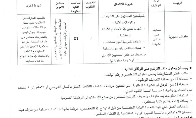 مسابقة توظيف بالمعهد الوطني للتكوين المتخصص للأسلاك الخاصة بإدارة الشؤون الدينية والأوقاف بسيدي عقبة بسكرة