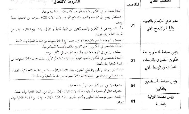 إعلان عن الترشح لمنصب عالي بالمعهد الوطني المتخصص في التكوين المهني المجاهد تريكي خالد بحرارة بالجلفة