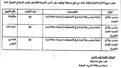 مسابقة توظيف بمديرية الإدارة المحلية لولاية جانت