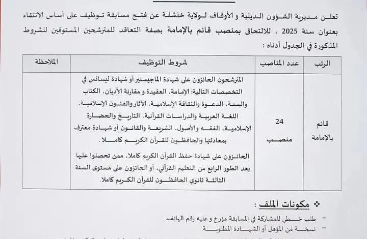 فتح توظيف بمديرية الشؤون الدينية والأوقاف لولاية خنشلة 24 منصب