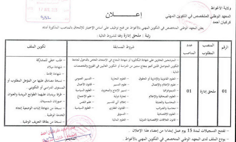 مسابقة توظيف بالمعهد الوطني المتخصص في التكوين المهني بالأغواط