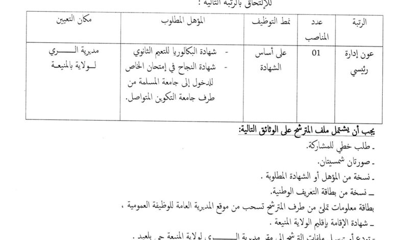 فتح توظيف بمديرية الري لولاية المنيعة
