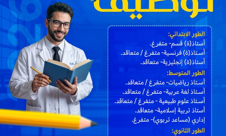 مطلوب أساتذة في جميع الأطوار بمدرسة الريادة للتربية والتعليم