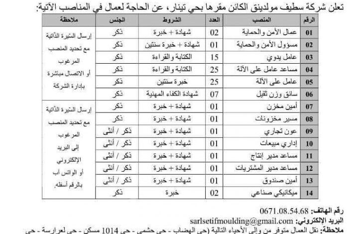 شركة سطيف مولدينق بحاجة 84 عامل