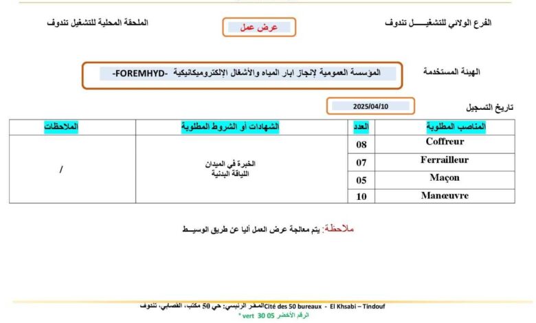 عرض عمل بالمؤسسة العمومية لإنجاز آبار المياه والأشغال الإلكتروميكانيكية FOREMHYD