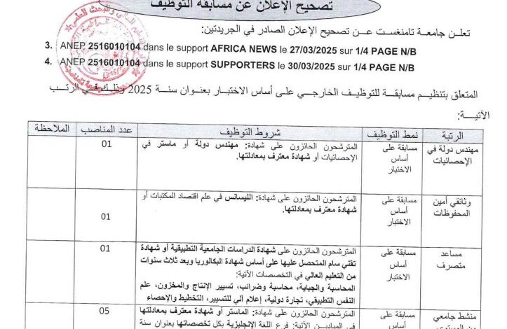مسابقة توظيف خارجي في جامعة تمنراست