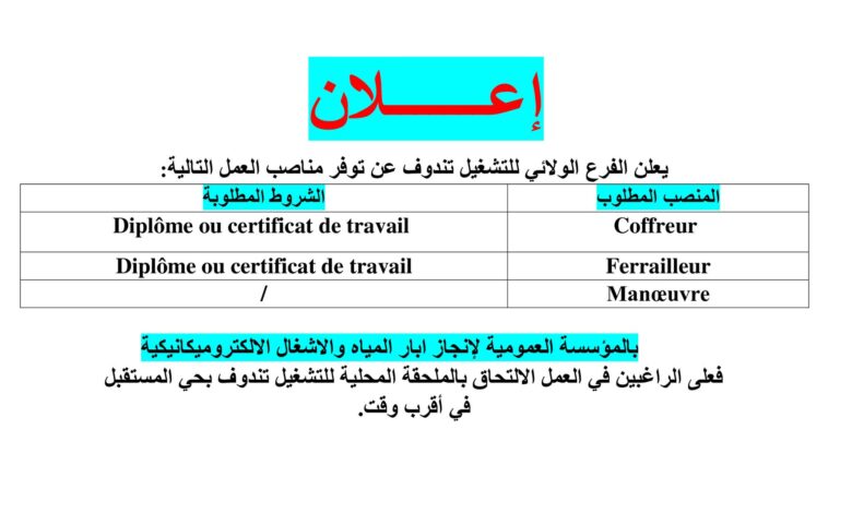 عرض توظيف بالمؤسسة العمومية لإنجاز آبار المياه والأشغال الإلكتروميكانيكية