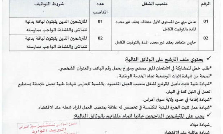 اعلان توظيف ببلدية عين الزانة ولاية سوق أهراس