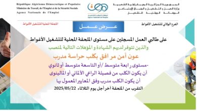 على طالبي العمل المسجلين على مستوى الملحقة المحلية للتشغيل الأغواط والذين تتوفر لديهم الشهادة والمؤهلات لمنصب عون أمن