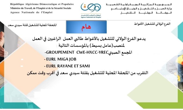 طالبي العمل الراغبين في العمل بالمجمع الصيني التقرب من الملحقة المحلية للتشغيل بقلتة سيدي سعد