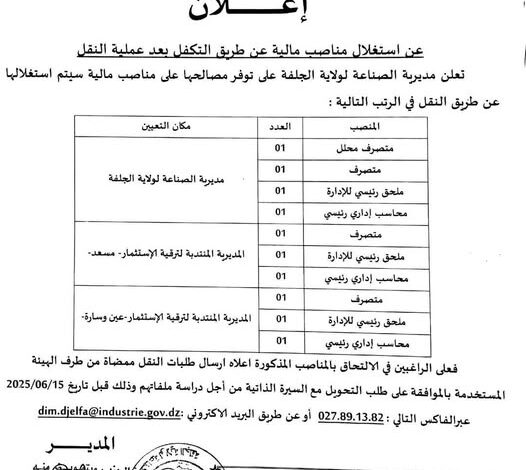 اعلان توظيف عن طريق النقل بمديرية الصناعة لولاية الجلفة