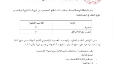 فتح باب الترشح للتوظيف عن طريق النقل بالسلطة الوطنية لحماية المعطيات ذات الطابع الشخصي