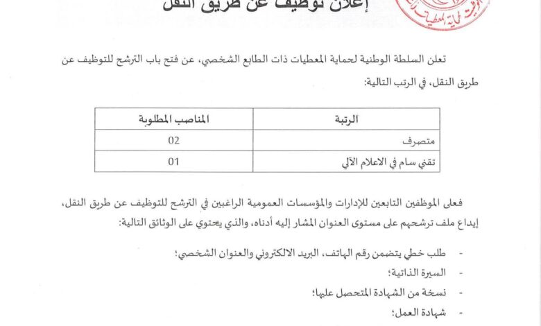 فتح باب الترشح للتوظيف عن طريق النقل بالسلطة الوطنية لحماية المعطيات ذات الطابع الشخصي