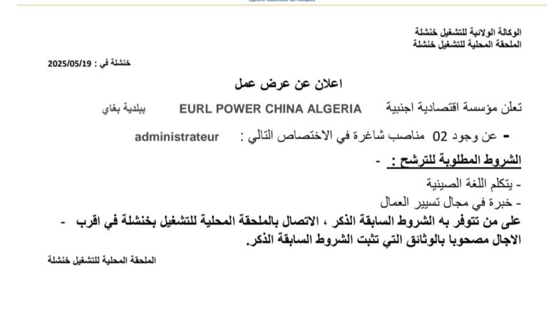 عرض عمل بمؤسسة اقتصادية أجنبية الصينية