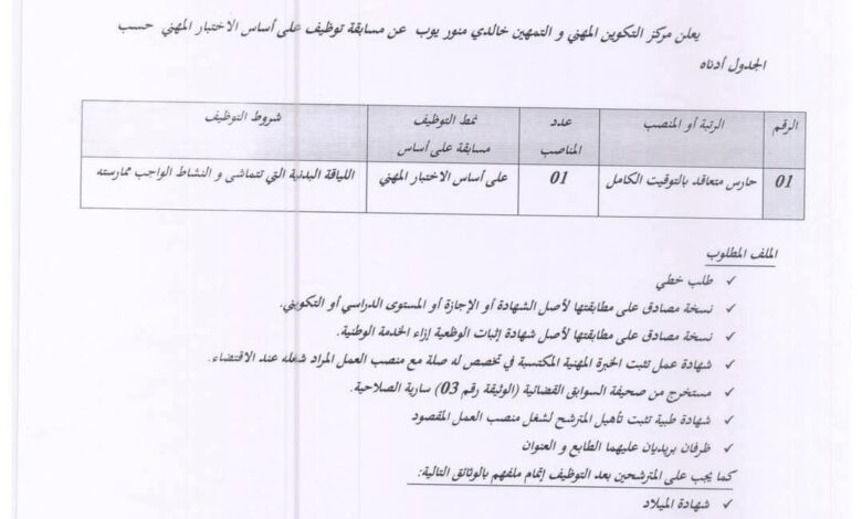 اعلان توظيف بمركز التكوين المهني و التمهين خالدي منور يوب سعيدة