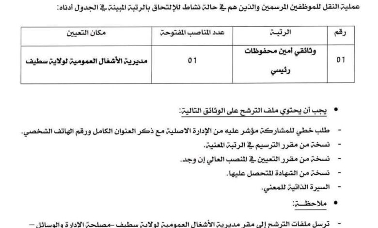 فتح باب الترشح للتوظيف عن طريق التكفل بمديرية الأشغال العمومية لولاية سطيف