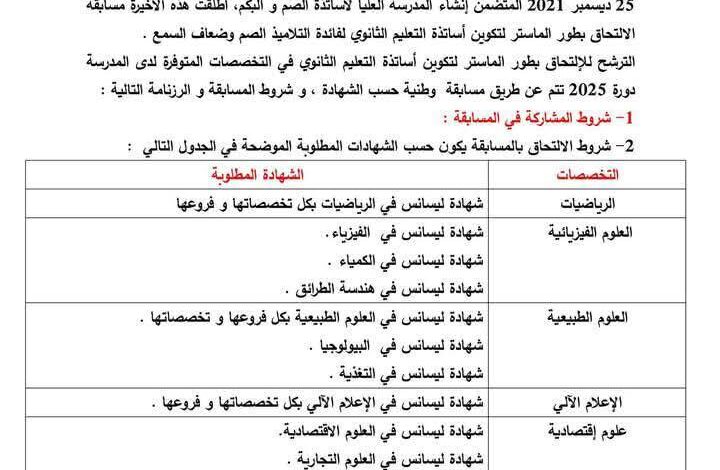 رزنامة الترشح للمشاركة في المسابقة الوطنية للإلتحاق برتبة أستاذ التعليم الثانوي بالمدرسة العليا لأساتذة الصم بني مسوس