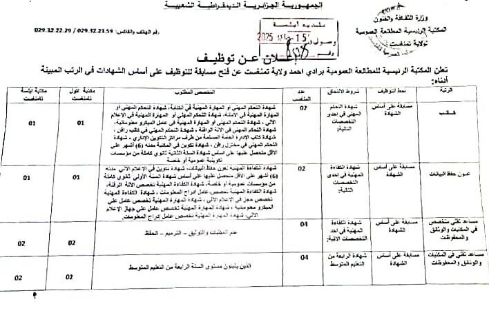 مسابقة توظيف المكتبة الرئيسية للمطالعة العمومية تمنراست