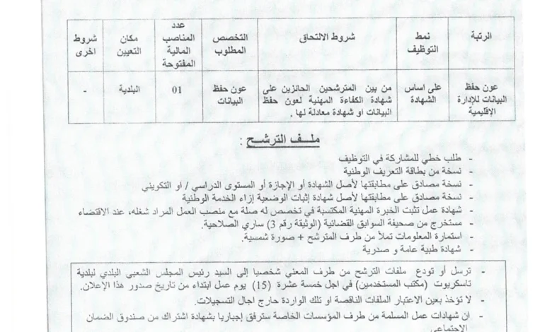 مسابقة توظيف ببلدية تاسكريوت ولاية بجاية