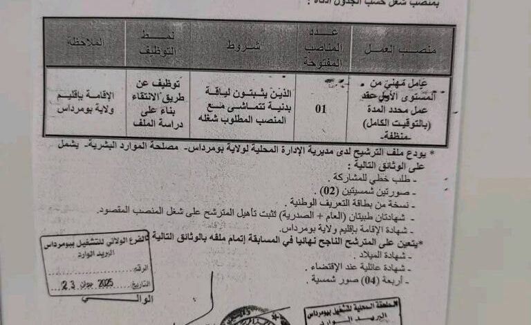 اعلان توظيف بمديرية الإدارة المحلية لولاية بومرداس