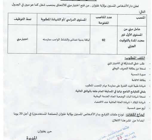 اعلان توظيف بدار الأشخاص المسنين بولاية غليزان