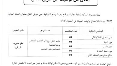 فتح باب الترشح للتوظيف عن طريق النقل بمديرية السكن