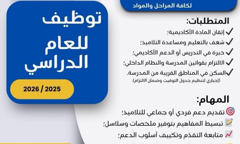فتح توظيف أساتذة الدعم الأكاديمي لكافة المراحل والمواد