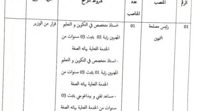 مديرية التكوين والتعليم المهنيين سعيدة تعلن عن شغور منصب عالي